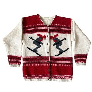 VINTAGE Oversized Wool Knit Downhill Ski Novelty Cardigan Medium